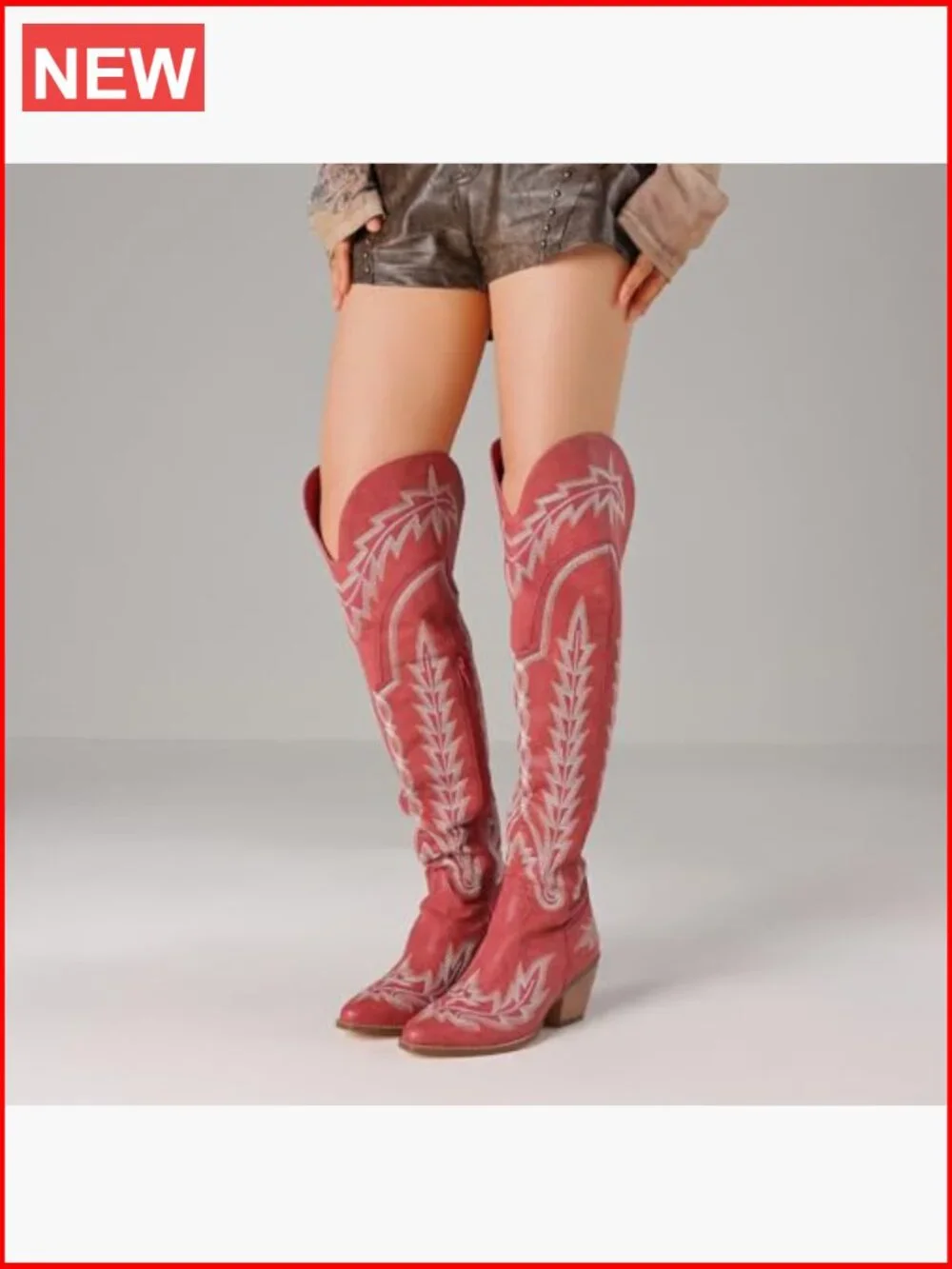 Thigh High Cowgirl Boots Embroidered Pointed Toe Chunky Heel Side Zip Over The